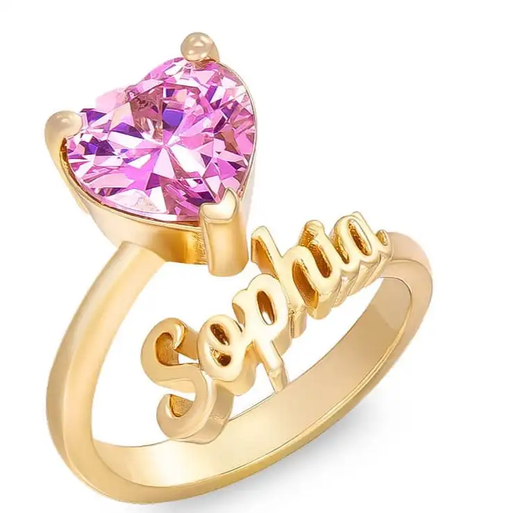 Custom Name Birthstone Ring Heart Cut Script Font Gold Plated Dainty Band Asymmetric Personalized Women Jewelry Gift for Her