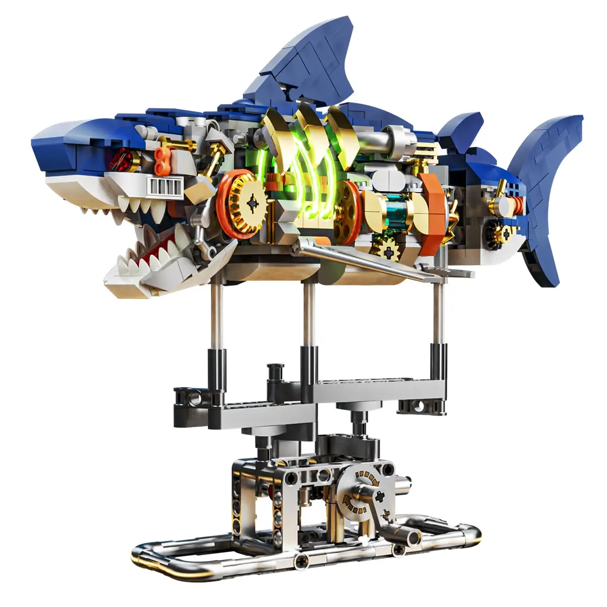 INSOON Mechanical Shark Building Set with LED-Movable Ocean Animals with Display Stand Sea Fish Building Block Toy Birthday Gift