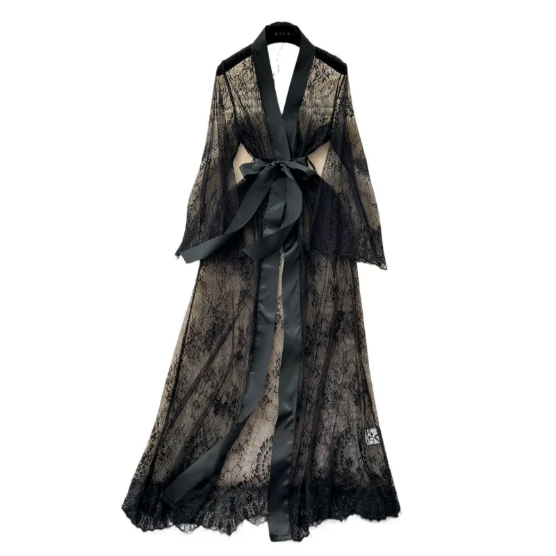 

Sexy Long Coats for Women Vintage Lace Sheer Lace-up V-neck Long Sleeve Female Elegant Cardigans Aesthetic Clothes Dropshipping