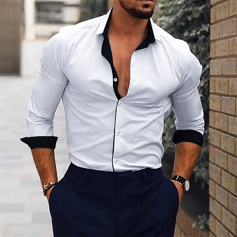 2024 Men\'s Shirt Suit Lapel Office Casual Outdoor Sports Gym Splicing Simple Fashion Solid Color Soft Comfortable Large Size