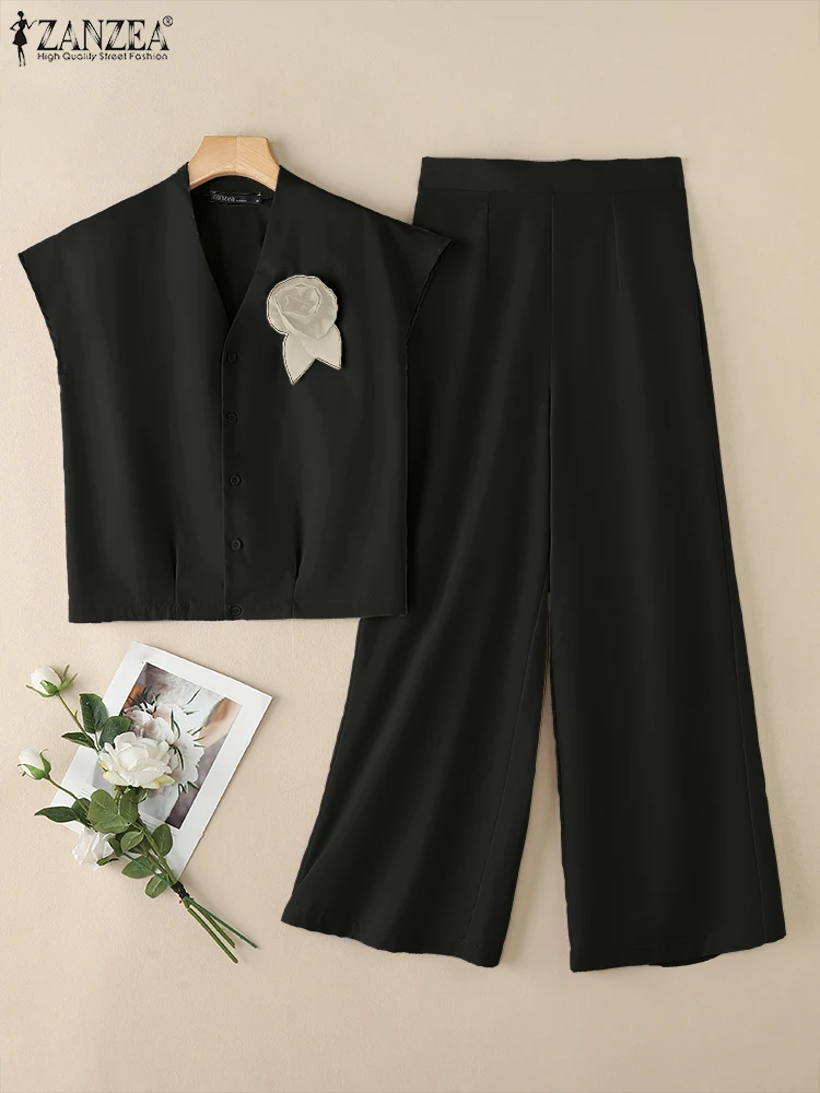 ZANZEA Fashion Women Pant Sets Fabric Flower V-Neck Cap Sleeve Tops & Wide Leg Pants 2pcs Suits Casual Commuting 2 Pieces Sets