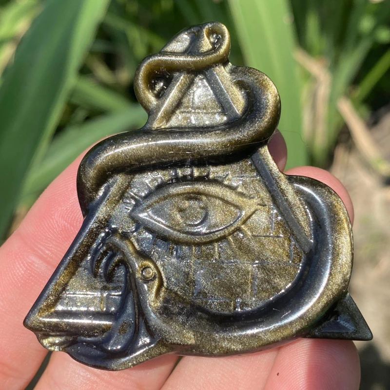 1pc Natural Golden Obsidian Quartz Eye  with Eye of Providence and Snake Figurines, Crystal Quartz, Home Decoration Crystal Gift