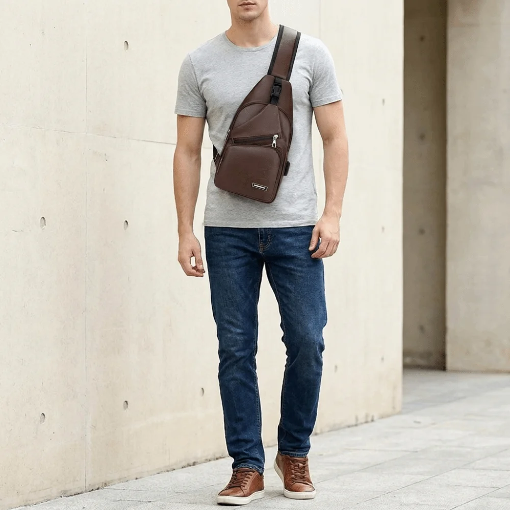 Solid Color Men Chest Bag USB Charging Multifunctional Men's Crossbody Sling Bag Korean Style Large Capacity Single Shoulder Bag