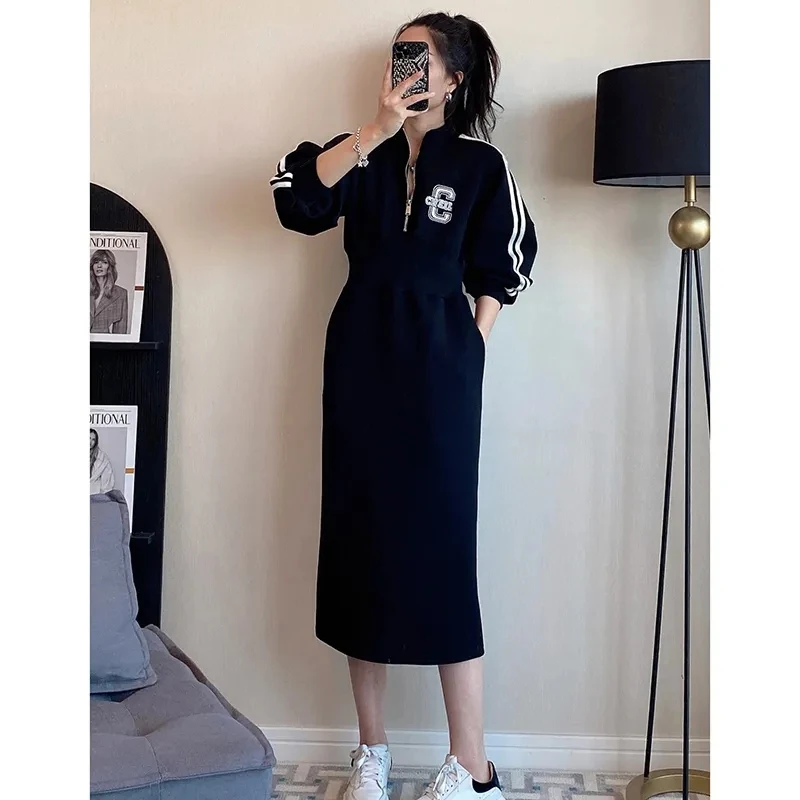 Halber Reiß verschluss schwarzer Pullover Kleid Damen lange Taille Freizeit rock Frühling neuen Rock