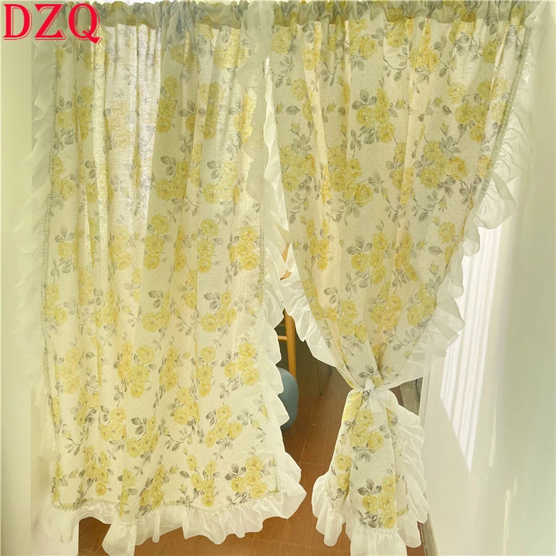

Korean Yellow/Pink/Green/Blue Flowers Door Curtains for Living Room Japanese Lace Ruffled Leaves Curtains for Kitchen #A550