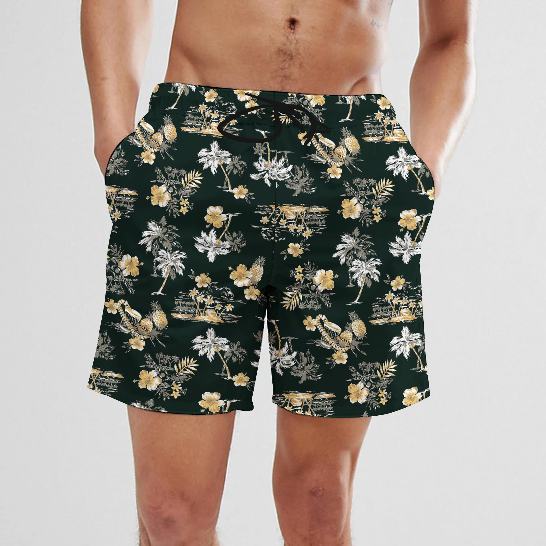 SummerFashion Cartoon Coconut Tree Car Digital Printing Men\'s Drawstring Shorts Quick Drying Hawaiian Beach Fitness Casual Short