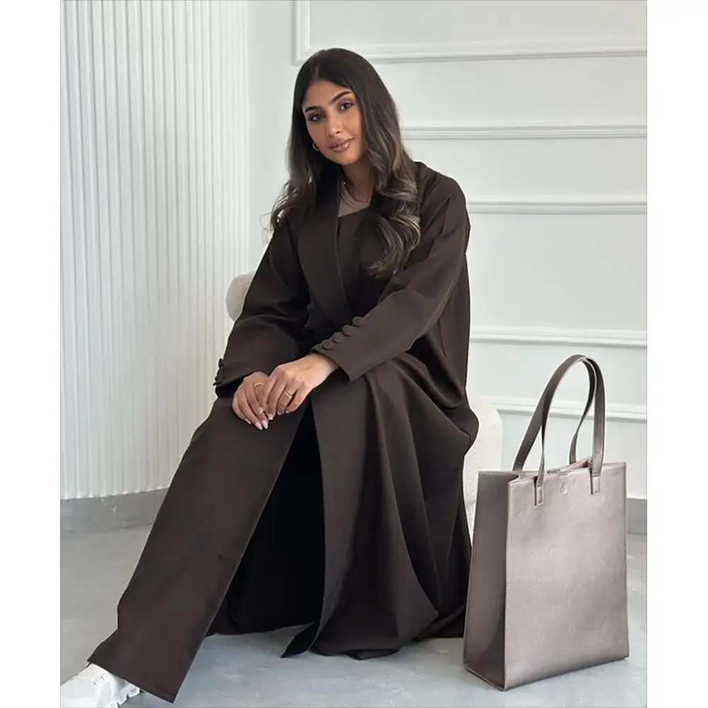 Elegante braune tägliche Frauen abaya muslimische Robe lose weibliche Blazer neue zweireihige Damen jacke einteilig فساتين إسلامية