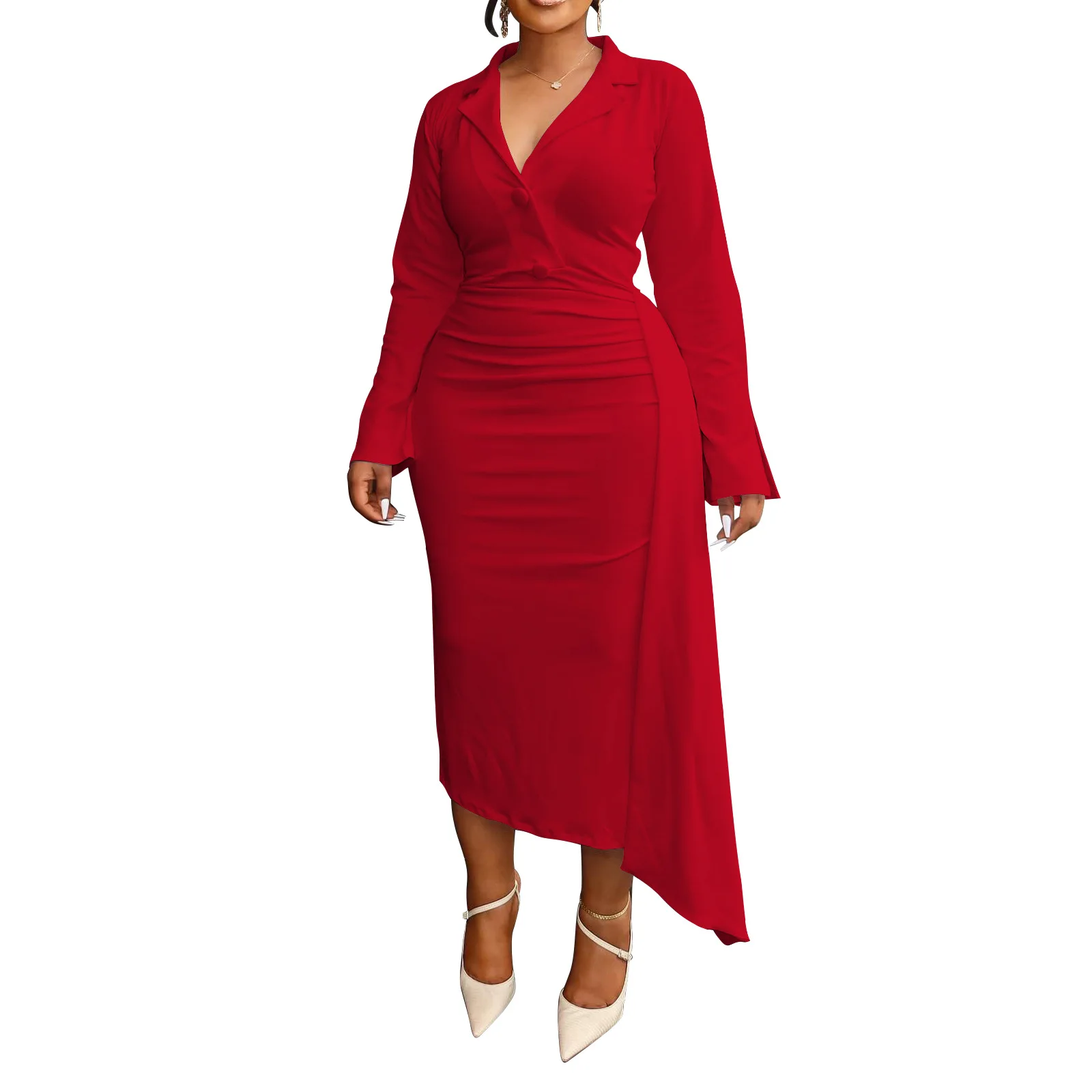 

L-4XL Plus Size African Dresses for Women Autumn Elegant African Long Sleeve V-neck Polyester Long Maxi Dress Africa Clothing