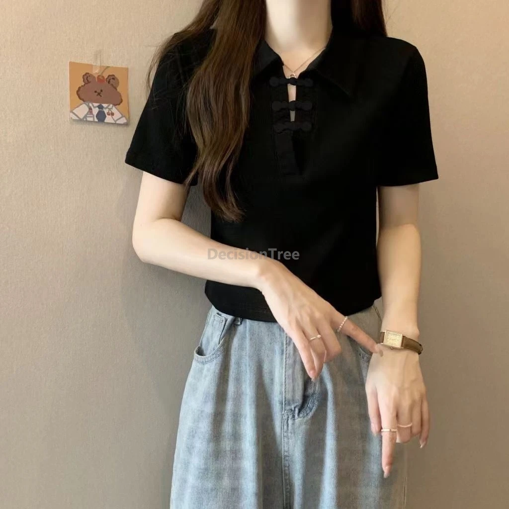New Popular Fashionable Chinese Style Tang Suit Top Women Turn-down collar Polo Shirt Summer Buckle Short Sleeve Top