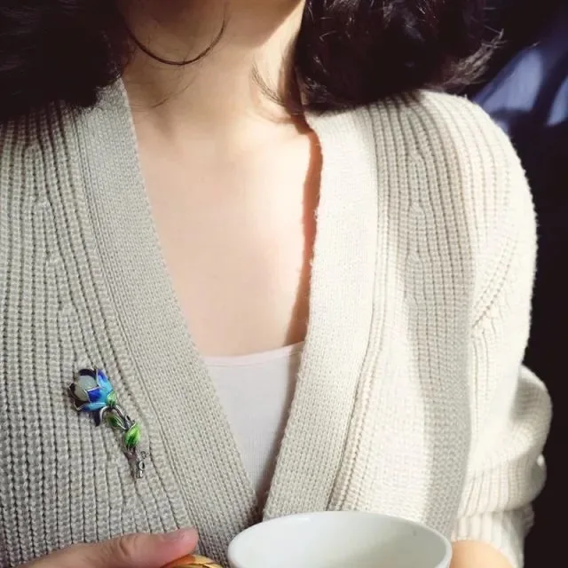 Chinese Style Auspicious Cloisonne Lotus Brooch S925 Silver Plated White Jade Vintage Enamel Craft Luck Attracting Blessing Good