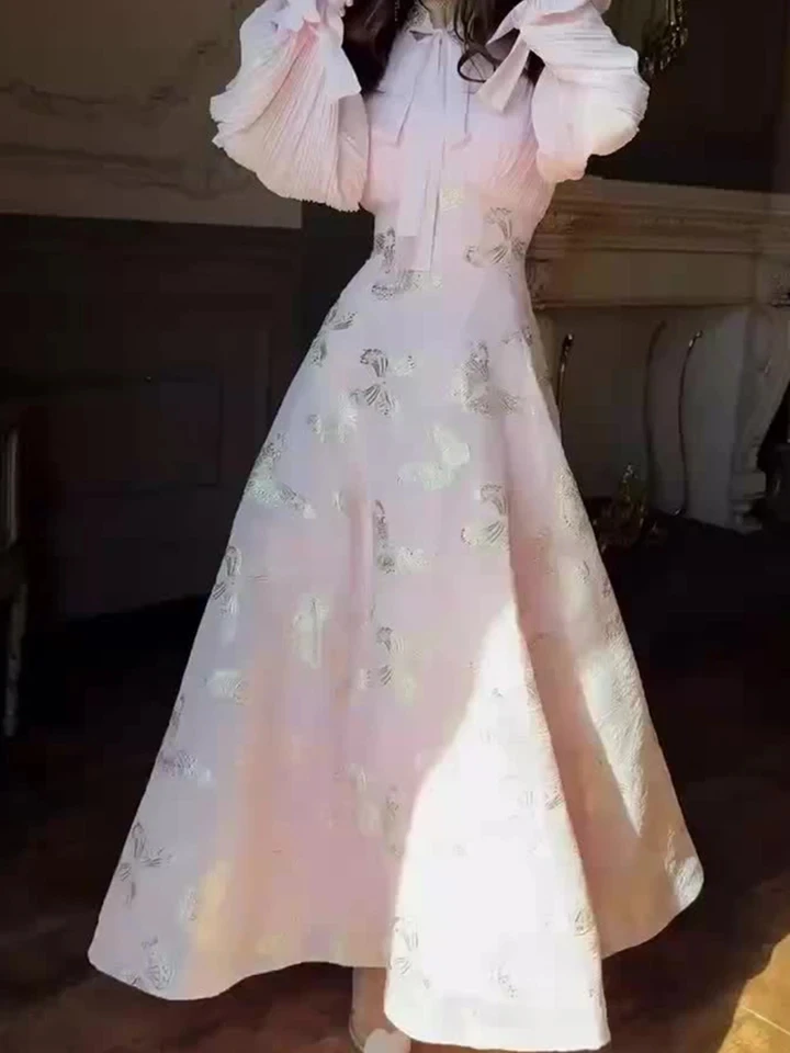 

Elegant High Waist Print Party Dress Temperament Luxury Long Sleeve Banquet Dress Fall New Big Hem Pleat Evening Dress