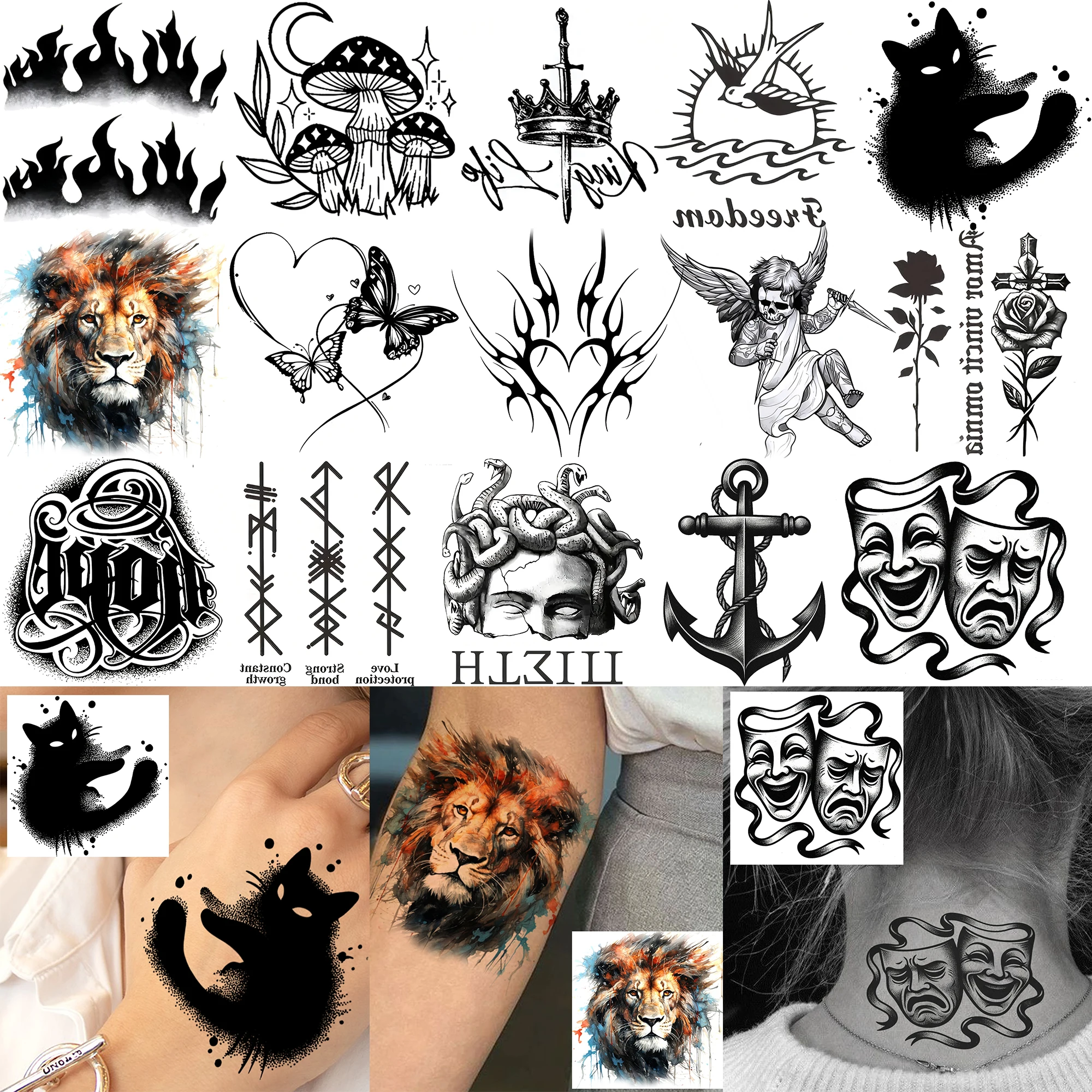 1 Sheet Flame Mask Lion Anchor Temporary Tattoos For Adult Hands Neck Arm, Temp Fake Tattoo Sticker Long Lasting Realistic Tatoo