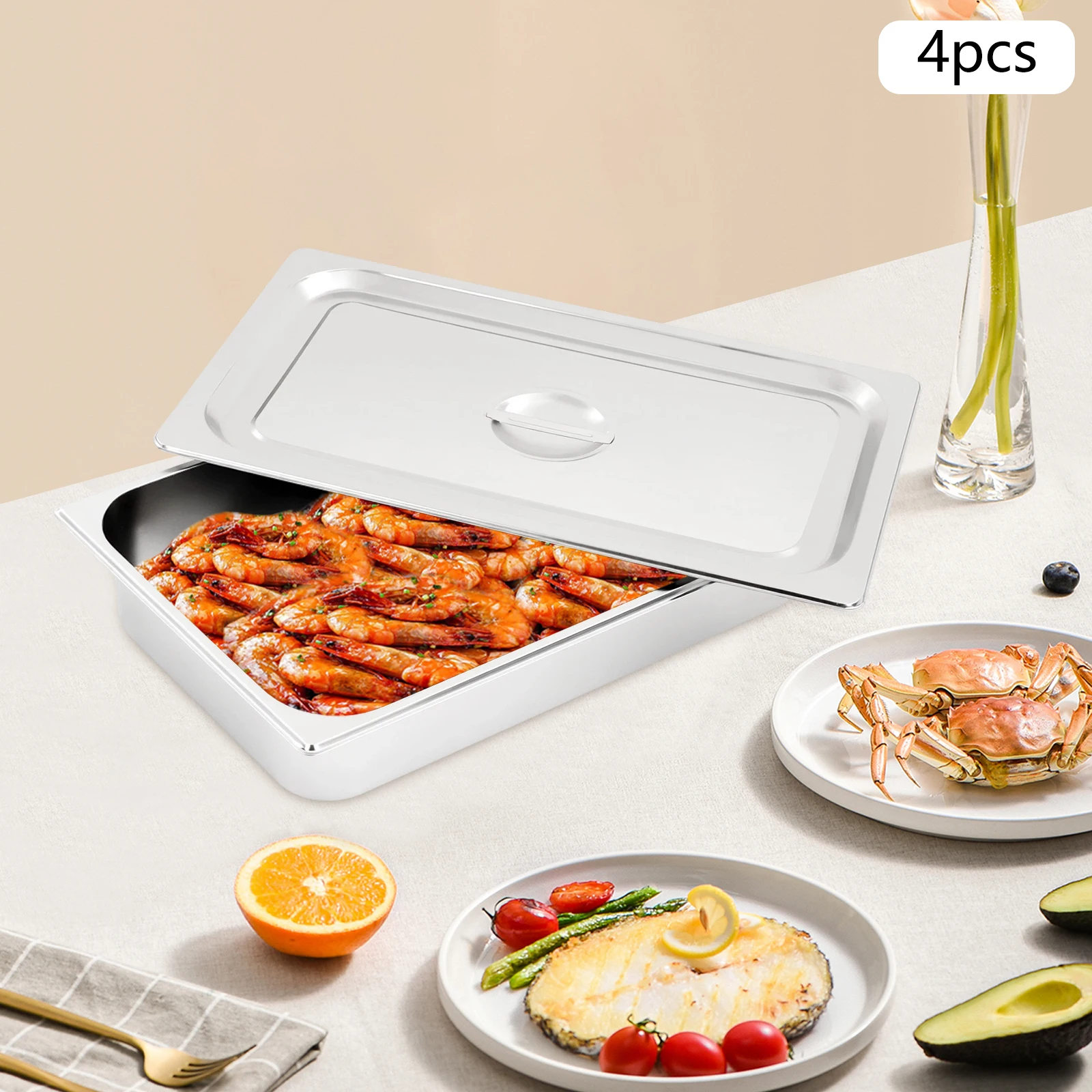 

4 упаковки гостиничных сковородок с крышками, размер 1/1, 4 дюйма, паровые настольные сковороды, сковорода из нержавеющей стали, коммерческие контейнеры для хранения продуктов питания