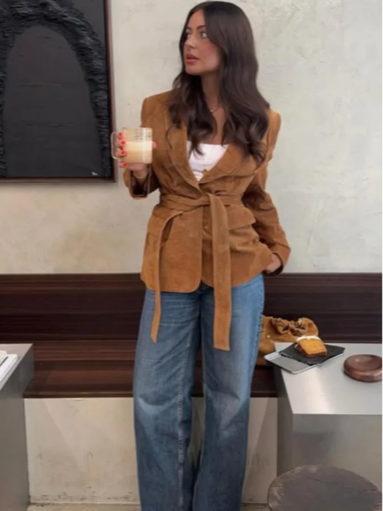 

Винтажные однотонные женские пальто на шнуровке, свободные плиссированные женские пальто с лацканами и длинными рукавами, карманами, осень-зима 2021, женская верхняя одежда, новинка