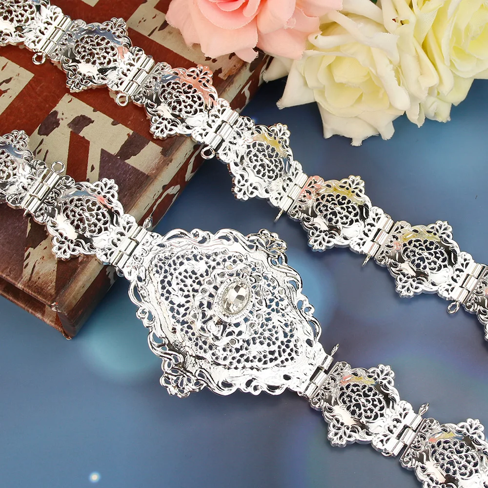 Sunspicems Elegant Silver Color Kaftan Belt Metal Waist Chain For Women Algeria Moroccan Bride Wedding Jewelry Arabic Abaya Belt