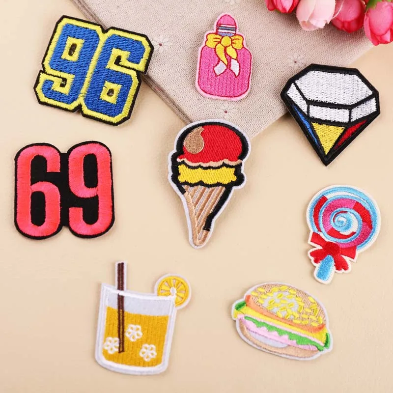 5 Pieces Embroidered Iron on Patches for Kid's Clothes, Cartoon Burger Drink Lollipop, DIY Repair Decoration, Adhesive Backing