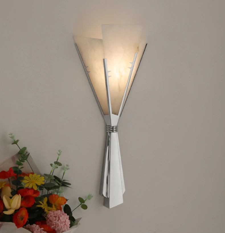 Art Chrome Metal Wall Light Natural Marble Stainless Steel