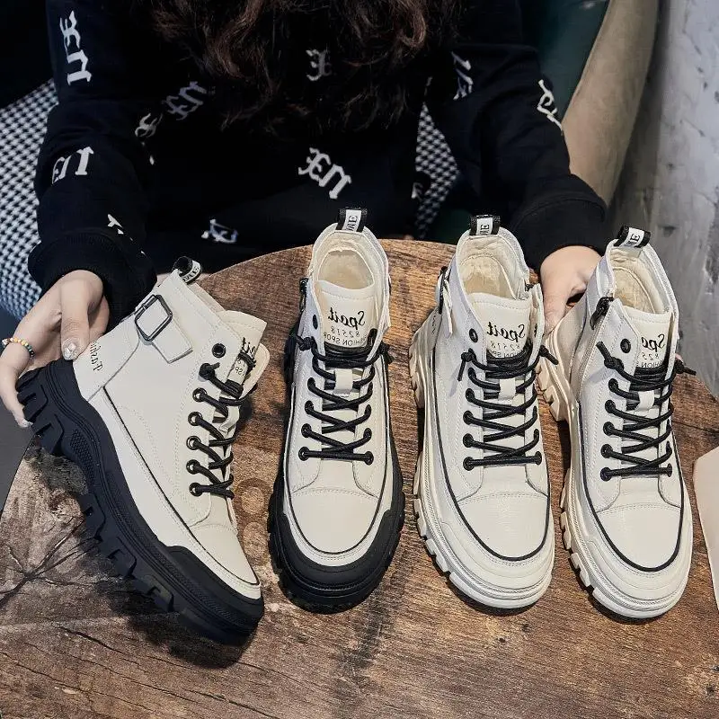 

High-Top Boots White Sneakers Thick Bottom Casual Fashion Boots round Toe Rubber Outsole Leather Upper Zipper Closure