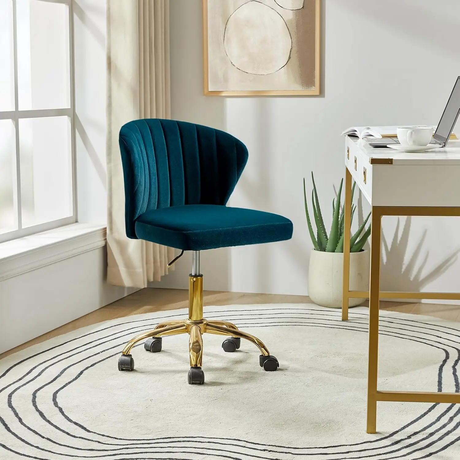 

Home Office Desk Chair With Gold Wheels, Small Cute Vanity Chair With Ba For Bedroom, Adjustable Rolling Task Work Seat For