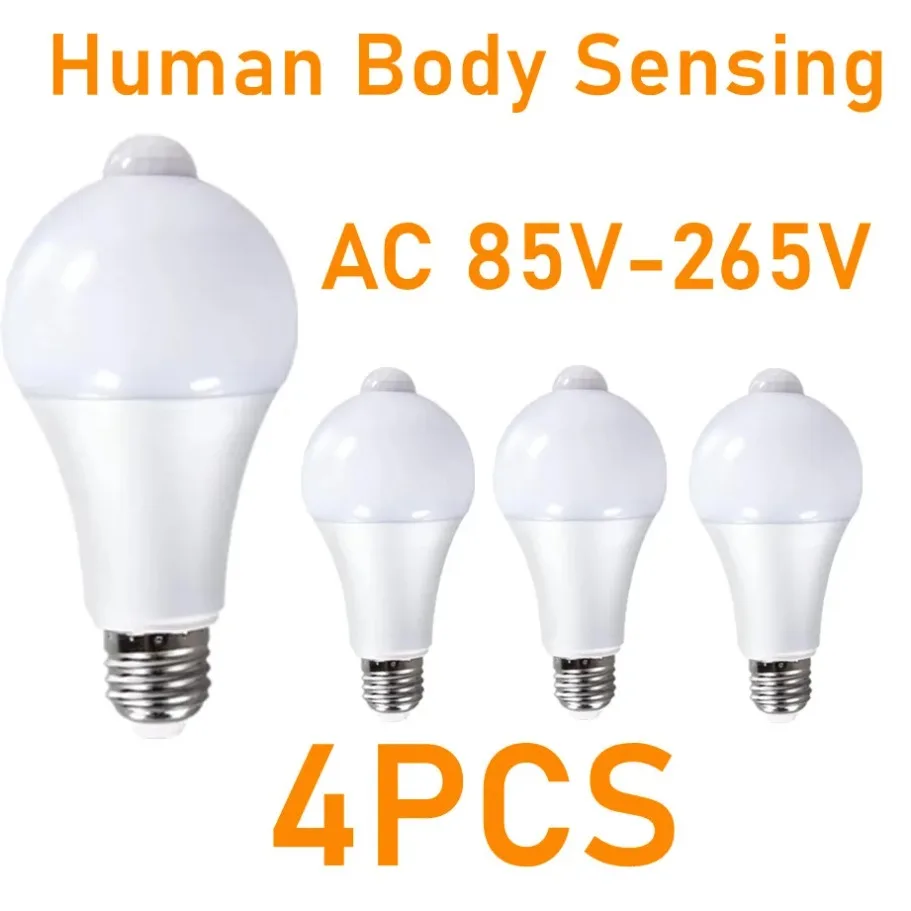 

4Pcs Human Body Sensing Light Bulb Motion Detector Sensor AC85V-265V E27 LED Lamp PIR Motion Sensor 9W 12W 15W 18W Home Lighting