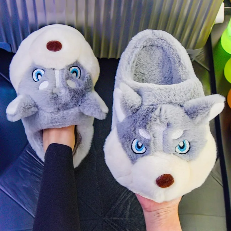 Women Indoor Cotton Slippers Cute Cartoon Dog Winter Warm Shoes Couples Home Floor Slides Anti-slip Female Male House Footwear
