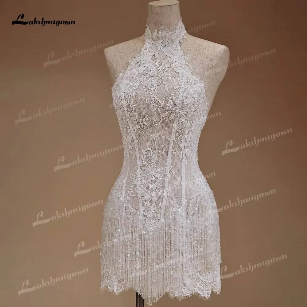Halter-Neck Brautkleid, Mini-Hochzeitskleid, Korsett-Oberteil, transparente Spitze, perlenbesetztes Mieder, Perlenfransen am Saum, offener Rücken, Hochzeits-Oberteil, Vinta – Detail 5