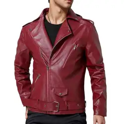 Slim Faux Leather Jacket Men Solid Color Coat Diagonal Zipper Belt Motorcycle Jacket Windproof Coat