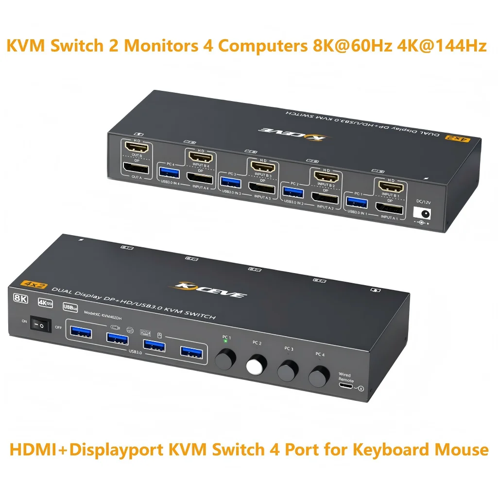 

8K Displayport HDMI KVM Switch 4 Computers 2 Monitors,USB 3.0 4K@144Hz/4K@60Hz for 4 PC Sharing Dual Monitor and 4 USB 3.0 Port