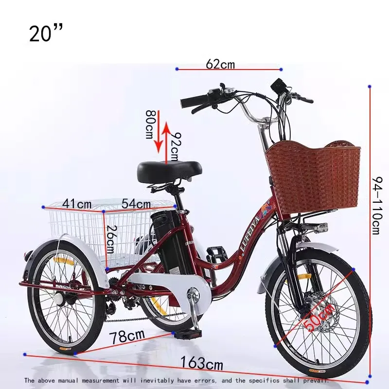 20-calowy elektryczny rower trójkołowy dla dorosłych do akumulatorów litowych 48V 350W 3-kołowy rower elektryczny dla mężczyzn 7-biegowy rower