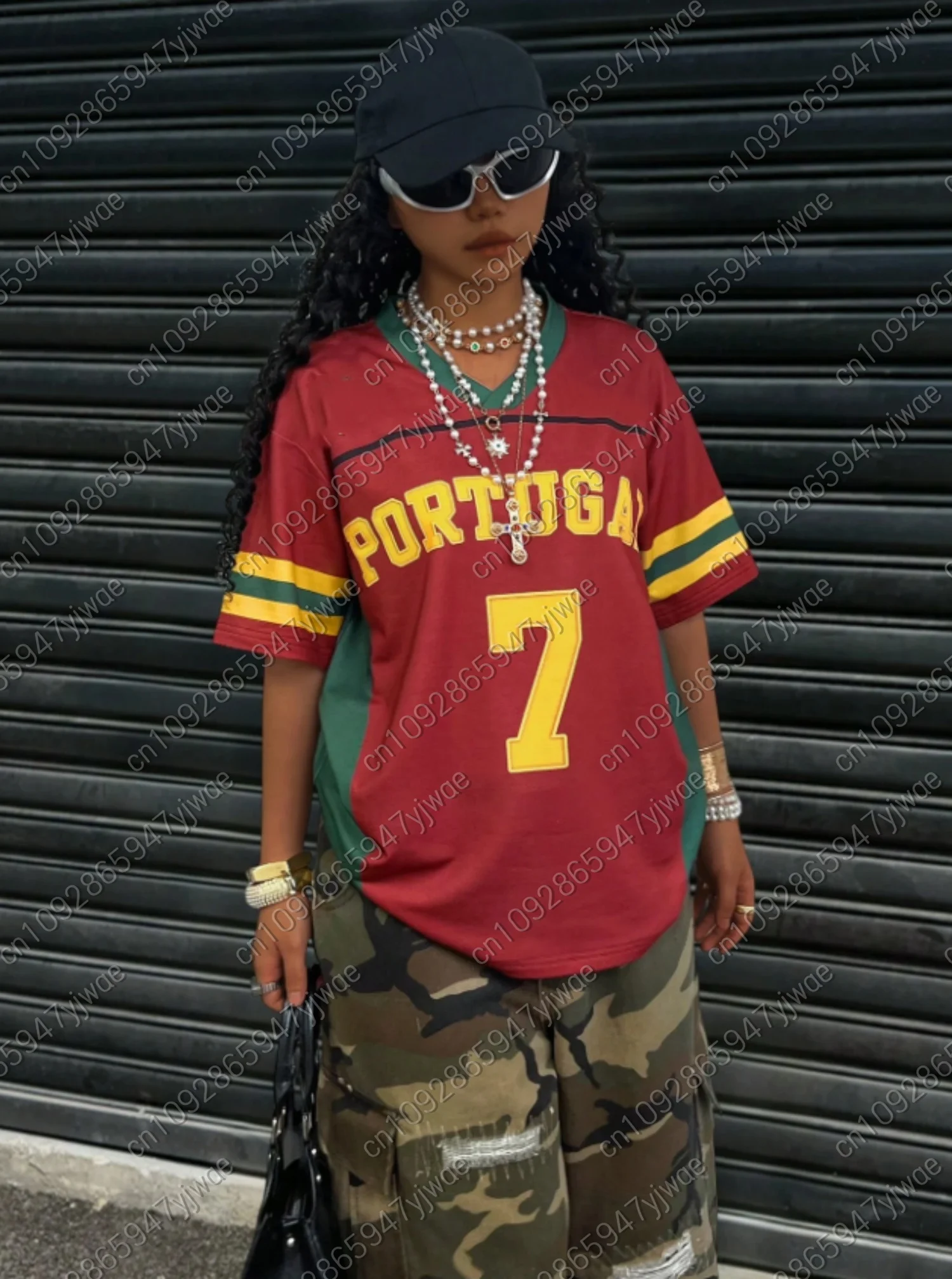 Summer Tee Women letters PORTUGAL Print V-Neck Short Sleeve T-Shirt hip hop Baseball Jersey Stripe Women Plus Size Sport T-Shirt