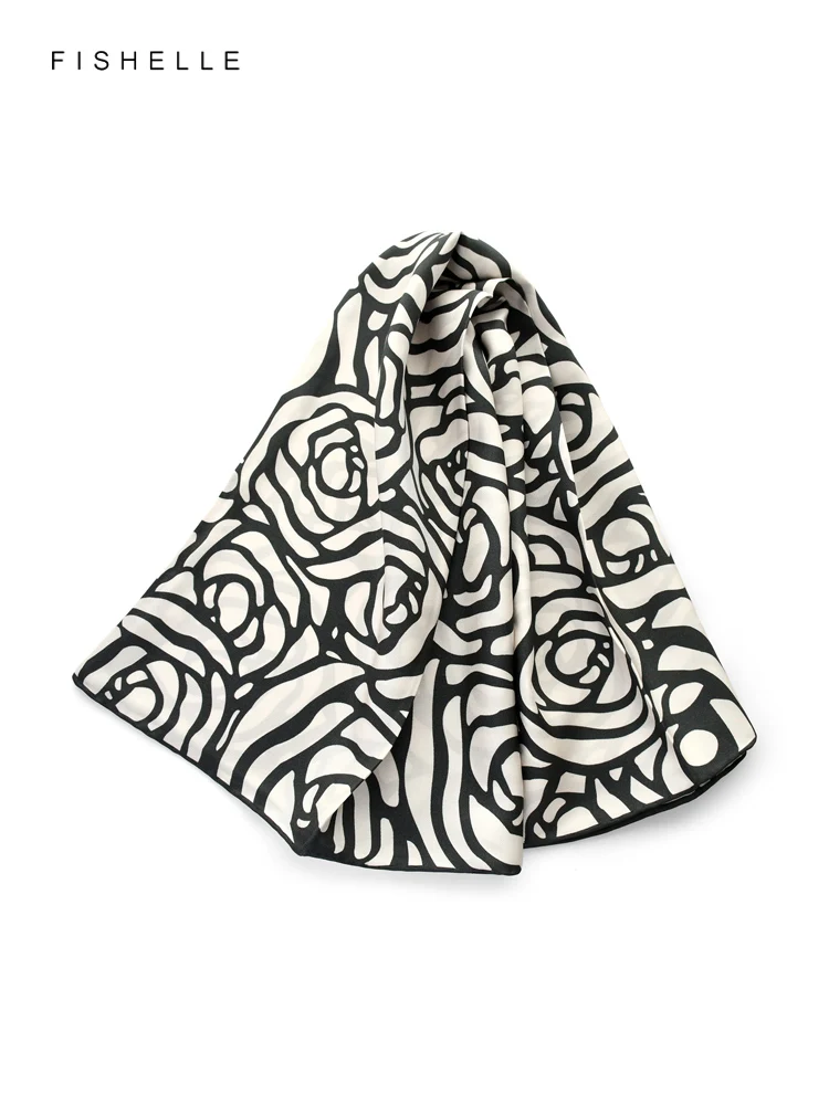 Elegant Black White Camellia Flower Printed Natural Silk Twill Scarf Women\'s Spring Autumn Square Scarfs Real Silk Handkerchief