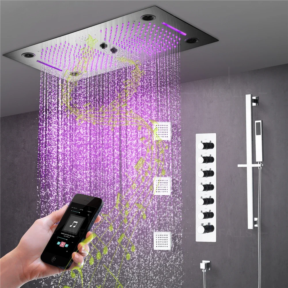 NEW 6 Functions Luxury Bathroom Shower Faucet Chrome 64 color Wall Mounted Thermostatic Shower Set with Music