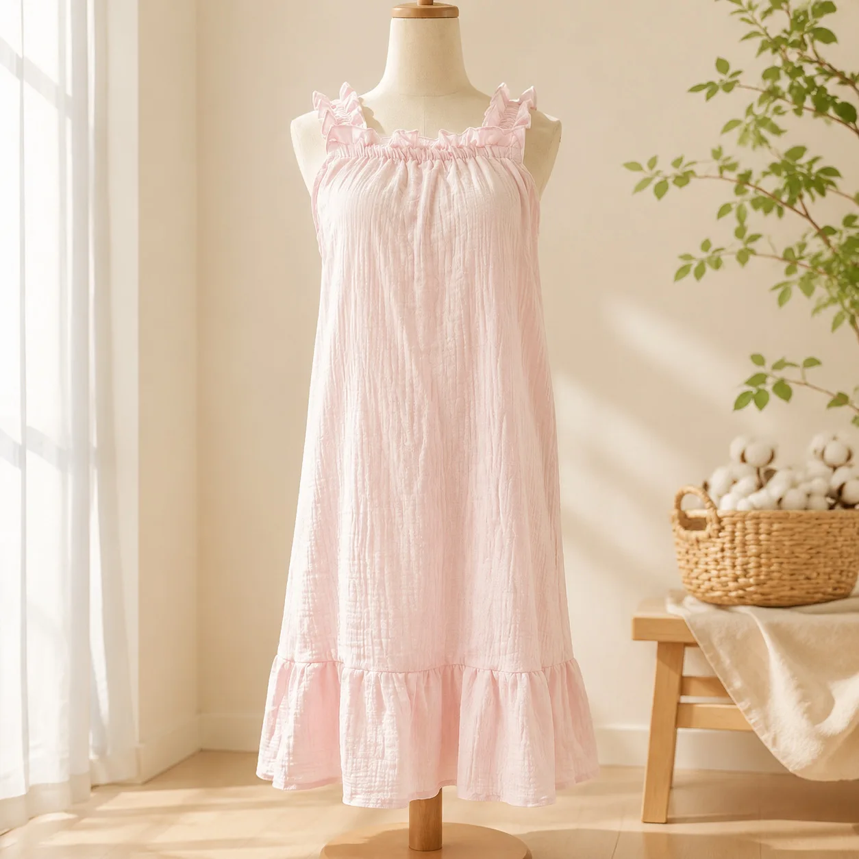Popular nightdress women's suspender nightdress loose double-layer yarn thin pajamas mid-skirt pink sweet home