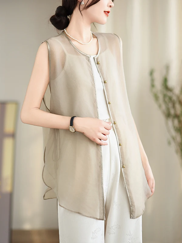 

Silk Svel Loose Vest Simple Elegance Open Cardigan Top for Women Chinese Sle Summer Brand Withdn Ladies' Jaet