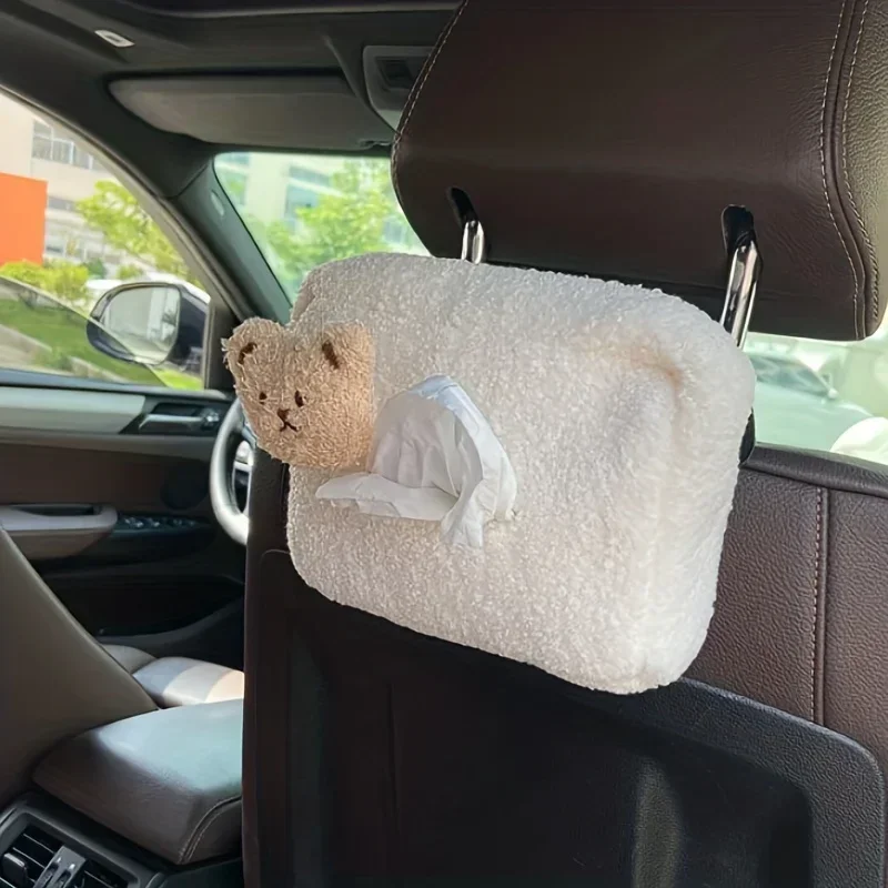 Caja de pañuelos de coche de felpa de oso lindo, diseño cuadrado suave portátil para una fácil recarga y encanto estético, accesorios interiores de coche