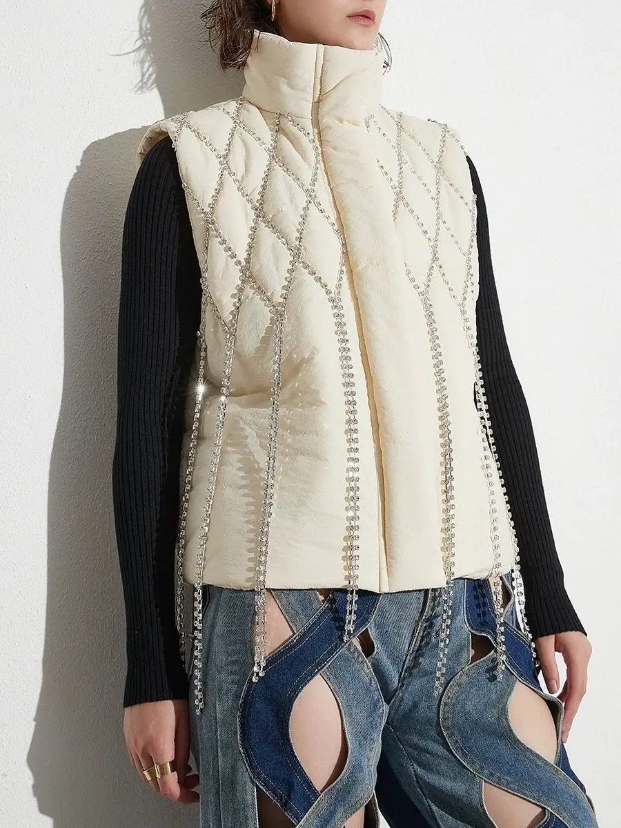 

Women's Handmade Rhinestone Down Cotton Vest Winter Crystal Chain Cotton Padded Sleeveless Jacket Keep Warm Waistcoat