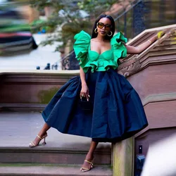 Navy Blue Satin Skirts Women Birthday Party Wedding Guest Skirt Saias Tea Length Lady Formal Wear