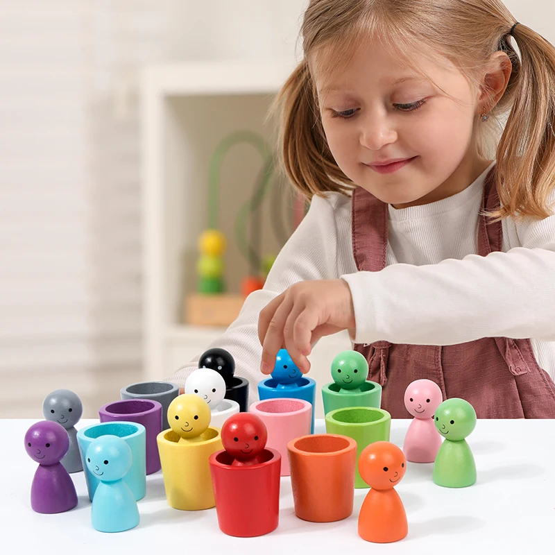 Montessori cor classificação brinquedos correspondência de cores jogo sensorial de madeira peg bonecas em copos educação precoce aprendizagem brinquedos para criança 3 +