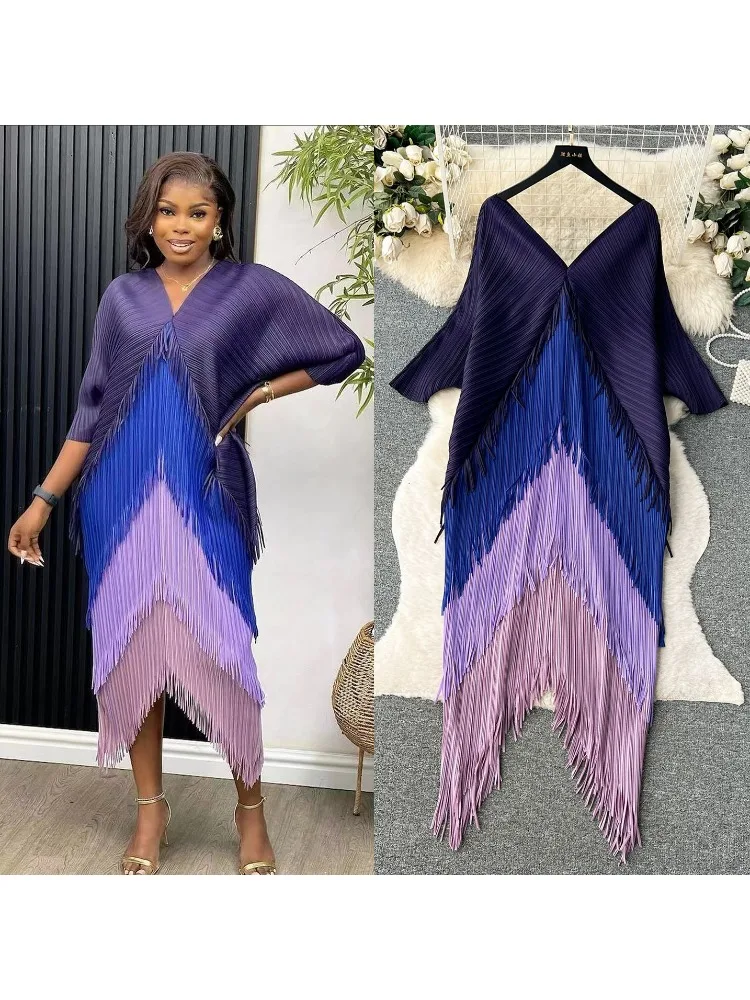 Miyake Tassel Patchwok Color Block Dress for Women Pleated Batwing Sleeve Mid-calf Dresses Fashion Female 2025 Summer - Image 2