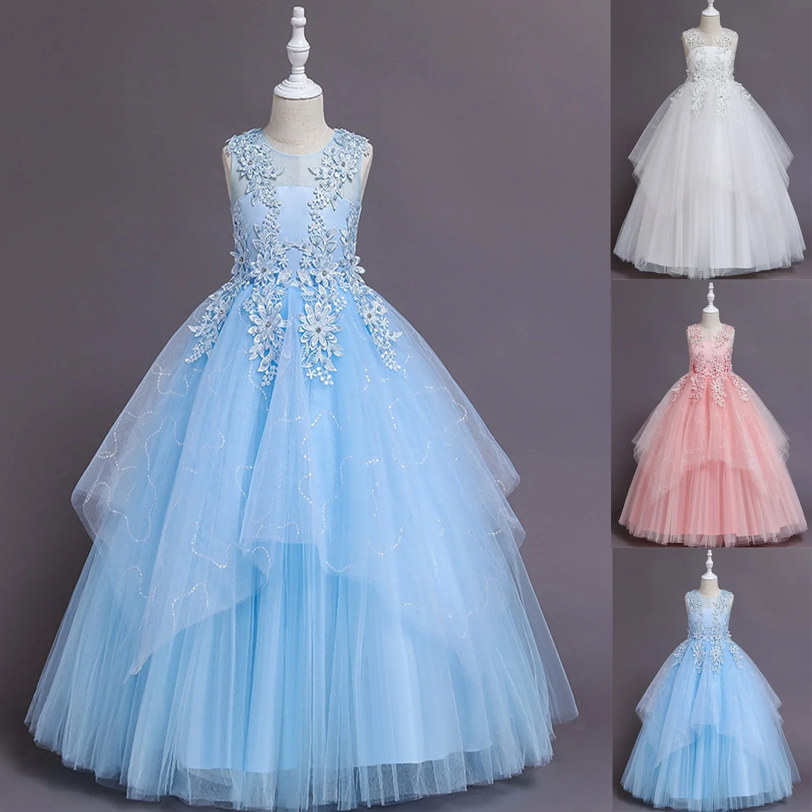 

New Style Cute Party Dress Kids Solid Color Birthday Princess Gown Formal Occasion Children Party Performance Clothing Dress