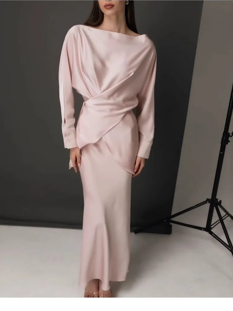 

New Woman 2 Piece Set Outfit Solid Color Temperament Evening Dress Two Piece Outfits Elegant All-match Slim Leace-up Fashion