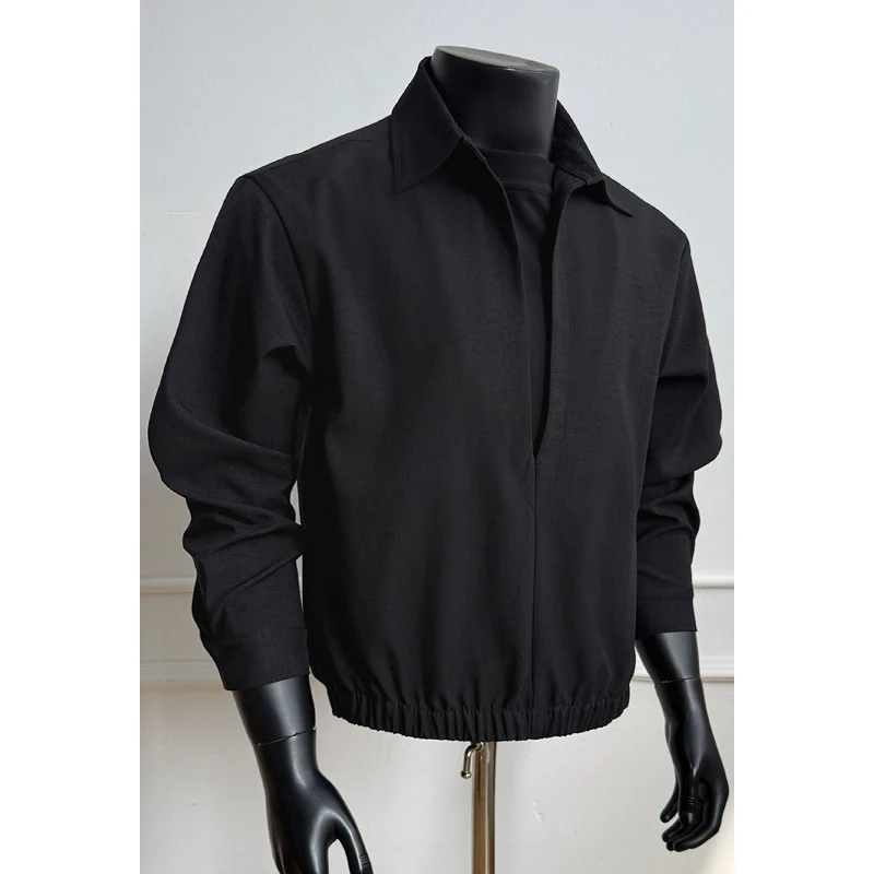 Men Fake Two Piece Lapel Pullover Long Sleeve Top Autumn American Streetwear Loose Elastic Hem Casual Layered Shirt New Trend