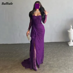 Mermaid Purple Lace Women Prom Dresses Customized Arabic Long Sleeves Slit Formal Evening Gowns Special Occasion Party Dress