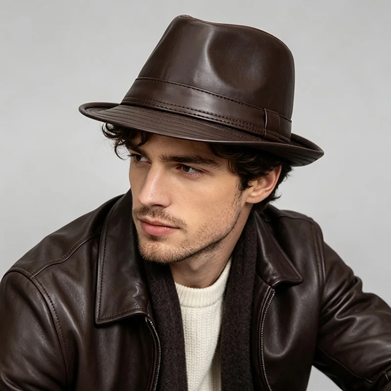 Men's PU Leather Fedora Hat British Gentleman Trilby Cap Vintage Casual Dress Hat for Father Autumn Winter