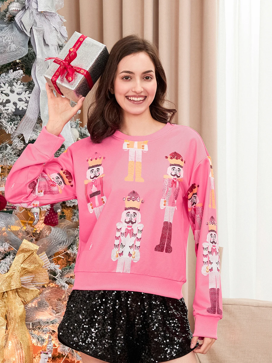 Women s Sequins Cartoon Print Sweatshirt Contrast Color Long Sleeve Round Neck Casual Pullover Tops