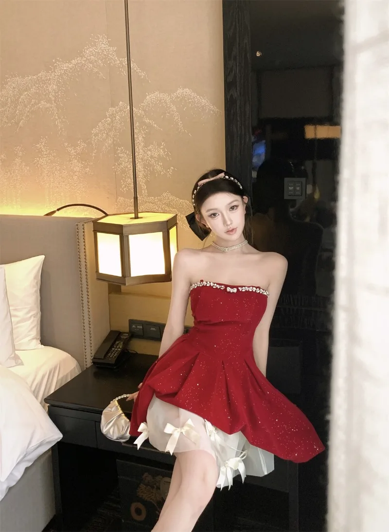 Retro Diamond Velvet Short Strapless Dress Women's Clothes A-line Slim Elegant Party Dress Bow Mesh Skirt Fashion Female Clothes