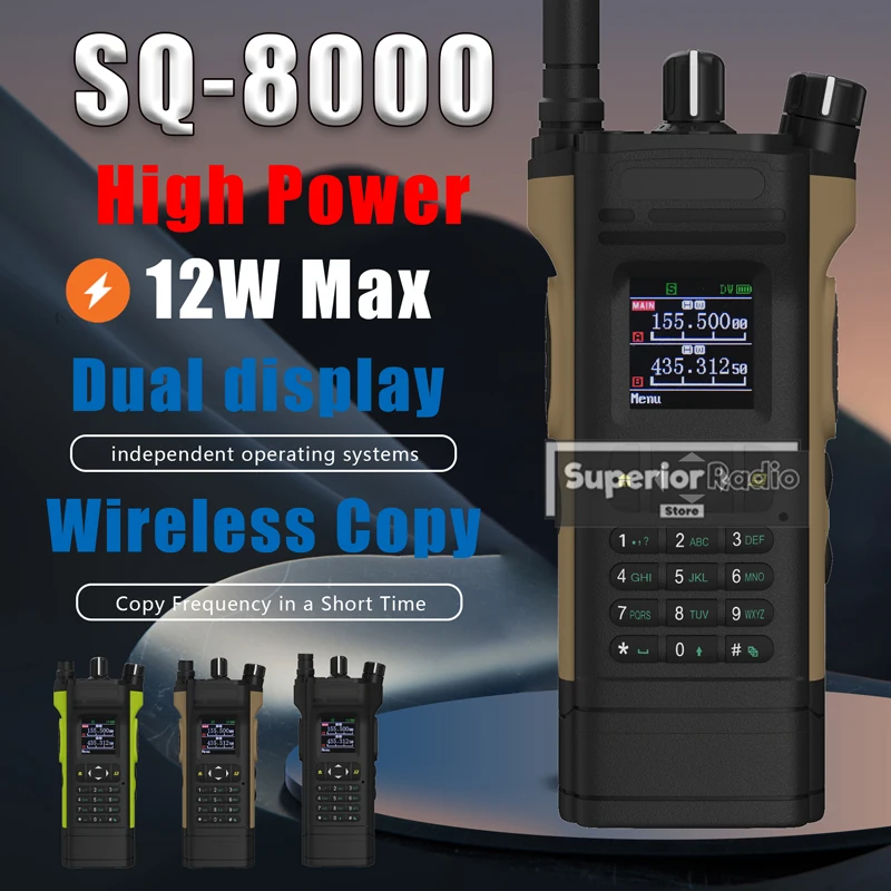 SQ-8000 Walkie Talkie 12W High Power High Capacity VHF UHF AM FM Type-C Charger 128CH Dual Display Duplex Working Mode APX 8000
