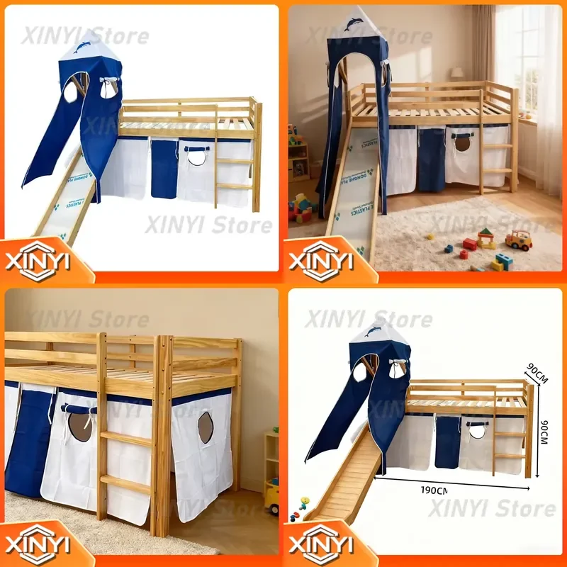 Solid Wood Kids Loft Bed with Slide for Children Bedroom Furniture Playhouse Tent Bunk Bed with Safety Guardrail Pine Twin