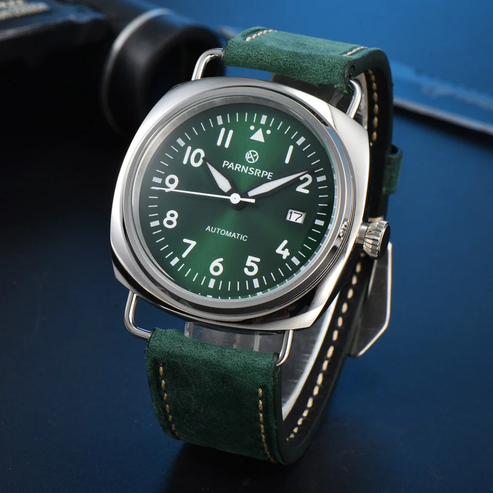 PARNSRPE Pilot Watch for Men 45mm Vintage Green Dial NH35 Automatic Mechanical Large Square Stainless Steel Case pilot watch