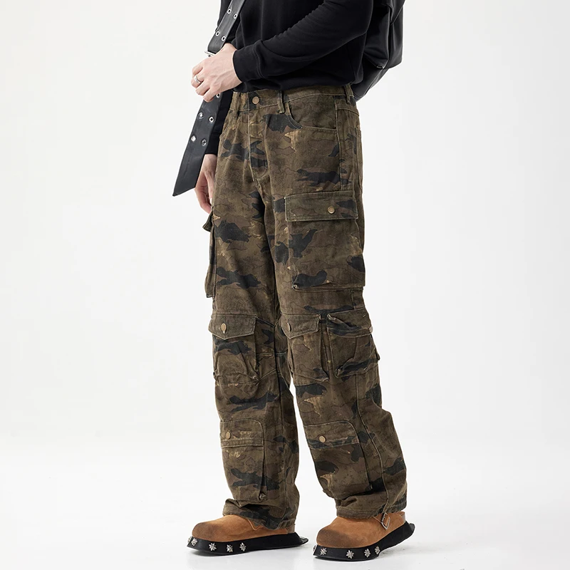 Autumn and winter new American high street camouflage work pants personalized splicing cotton men's loose straight jeans　